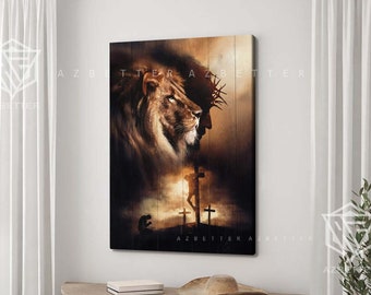 Dipinto su tela raffigurante il leone e Gesù, decorazione murale di Dio per la casa, regalo per la famiglia cristiana, dipinto di Gesù, leone di Giuda, preghiera con Gesù