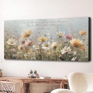 Wildflower Meadow Painting with Custom Bible Verse Canvas Art, Consider the Lilies Christian Scripture Wall Decor Faith Gift