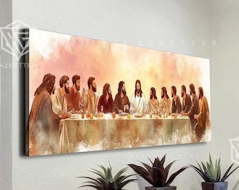 Puede incluir: Una pintura de acuarela que representa la Última Cena, con Jesús y sus discípulos sentados alrededor de una mesa. La pintura está sobre un fondo cálido, naranja y amarillo.