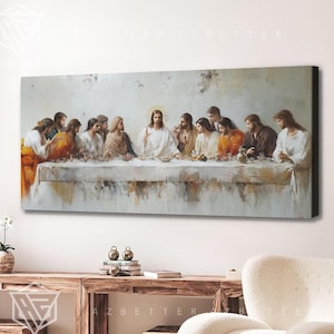 The Last Supper Canvas Wall Art, Modern Christian Decor Print, Jesus Apostles Painting, Large Panoramic Bible Scene Religious Gift