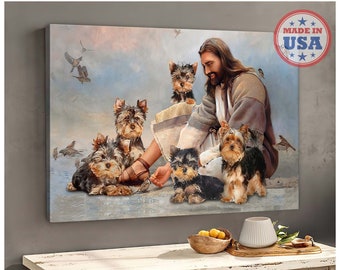 May include: A rectangular canvas wall art print featuring a depiction of a long-haired figure in robes sitting outdoors with five Yorkshire Terrier dogs and several small birds. A circular red, white, and blue Made in USA seal is in the corner.