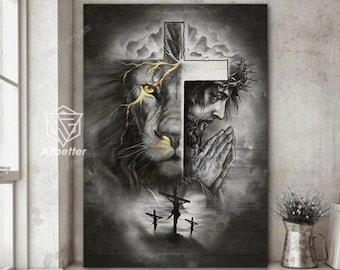 Dipinto su tela raffigurante il leone e Gesù, decorazione murale di Dio, regalo per cristiani, regalo di Natale, dipinto di Gesù.