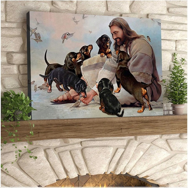God With Dachshund Canvas, Dachshund Dog Lovers Gift Canvas, Christian Gift Canvas, Jesus Christ Art, Home Decor