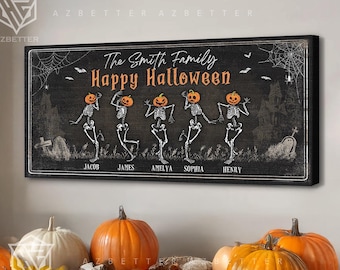 Personalized Halloween Skeleton Family Sign – Custom Pumpkin Head Wall Art – Spooky Fall Home Decor