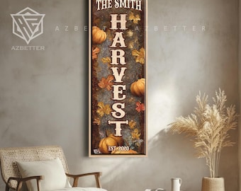 Personalized Harvest Porch Sign Custom Family Name Year, Vertical Autumn Welcome Sign for Front Door, Rustic Fall Decor Canvas