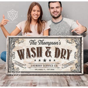 Personalized Laundry Room Sign Custom Family Name City State Year, Vintage Wash and Dry Decor, Housewarming Gift for Mom