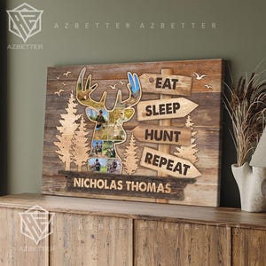 Personalized Hunting Photo Collage Canvas Eat Sleep Hung Repeat, Custom Deer Hunter Wall Art – Gift for Hunters, Father&#39;s Day Gift