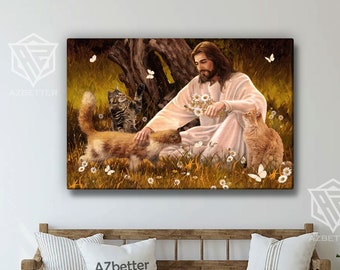 Cat Peaceful Life Surround Jesus Canvas, God Wall Art, Christian Home Decor, Cat Lover Gift, Religious Artwork, Christmas Wall Art