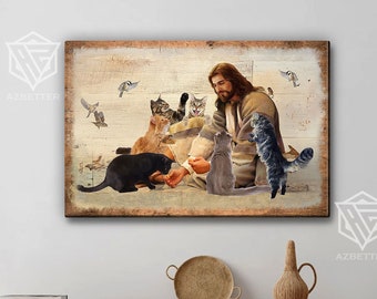 God Surrounded By Cats Canvas, Jesus Landscape, Christian Home Decor, Cat Lover Gift, Religious Artwork, Cat Mom, Christmas Wall Art