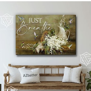 Canvas Just Breathe, Hummingbird Painting, Rustic Farmhouse Decor, Gift For Christian, Jesus Landscape