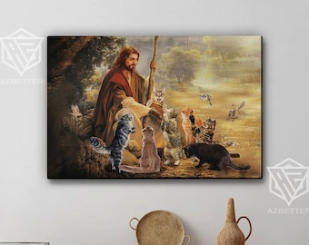Cat Peaceful Life Surround Jesus Canvas, God Wall Art, Christian Home Decor, Cat Lover Gift, Religious Artwork, Cat Mom, Christmas Wall Art
