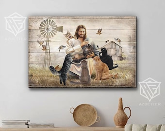 Jesus Landscape - God Surrounded By Cats Canvas, Christian Home Decor, Cat Lover Gift, Religious Artwork, Cat Mom, Christmas Wall Art