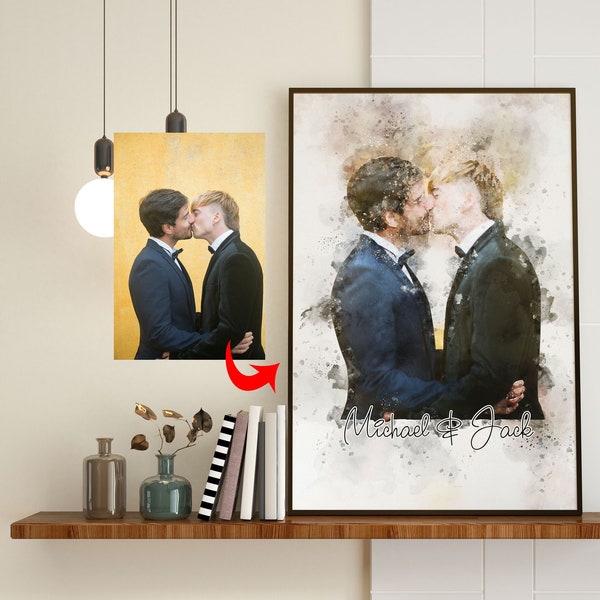 Personalized Gay Couple Portrait, Custom Gay Wedding Gift, Anniversary Gift, LGBT Engagement Gift, Gay Photo Watercolor Gift