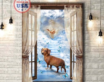 May include: A painting of a dachshund standing on a stairway to heaven, with a hand reaching down from the clouds. The dog is looking up at the hand, and there are blue butterflies flying around them. The painting is framed in a wooden frame.