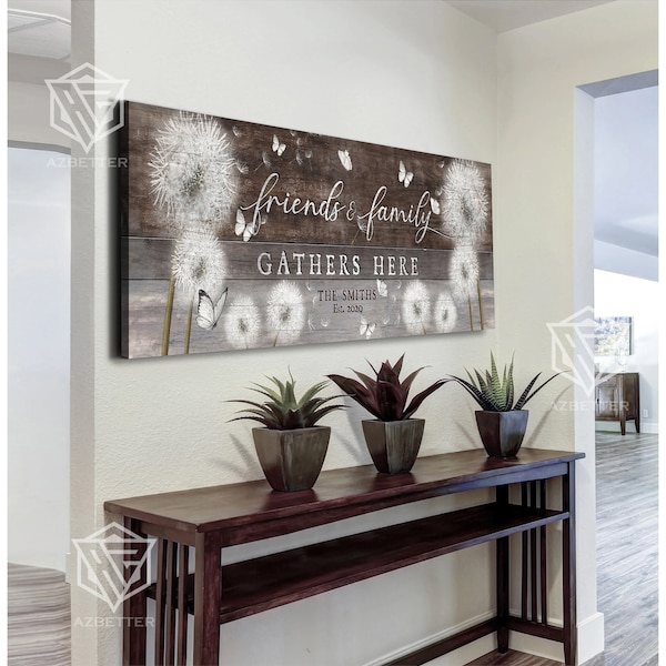 Friends & Family Gathers Here Custom Family Name Dandelion Wall Art, Farmhouse Kitchen Sign, Gather Dining Room Large Sign