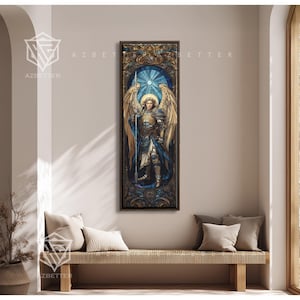 May include: A framed stained glass artwork depicting an angel with golden wings, holding a spear. The artwork features a blue and gold colour scheme, with intricate details and a halo. The artwork is displayed on a wall above a bench.