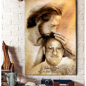 May include: A sepia-toned canvas print featuring a painting of Jesus Christ comforting a man. The man is wearing glasses and smiling. The text "Sam Sliss May 20, 1947 - Jul 21, 2021" is printed below the image.