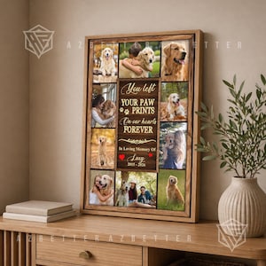 May include: A wooden framed collage with multiple photos of a golden retriever. The central panel reads "You left your paw prints on our hearts forever" and "In Loving Memory of Luxy 2015-2026". The collage is displayed on a wooden desk.
