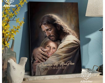 May include: A painting of Jesus embracing a woman. The woman is smiling and looking up at Jesus. The painting is in a dark, warm color palette and has a gold inscription that reads "Ramona M. MacPhee 10-21-39 to 3-9-2023".