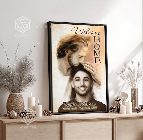 Personalized Canvas Safe In God's Arms Portrait With Jesus, Sympathy Gift Rest In Peace, Loss of Son, Memorial Wall Art, Christmas In Heaven