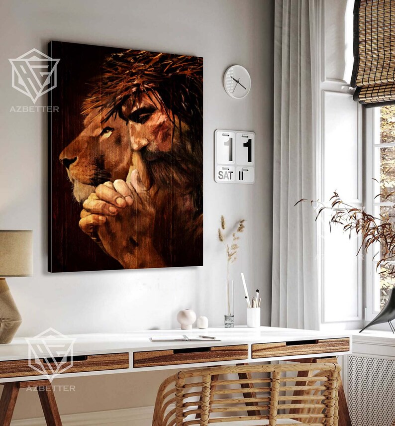 May include: A painting of a lion with a crown of thorns, with a man's face and hands visible behind the lion's head.