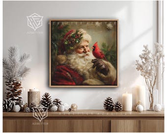 May include: A framed Christmas-themed painting featuring Santa Claus with a red cardinal perched on his hand. Santa is depicted with a long white beard, wearing a red coat and a festive hat. The artwork has a vintage style, with a warm color palette.