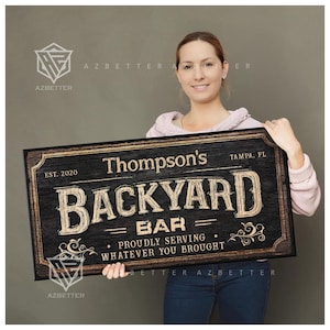 Personalized Backyard Bar Sign Custom Family Name City Year, Rustic Outdoor Patio Decor, Funny Man Cave Wall Art, Housewarming Gift
