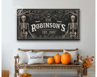 Personalized Gothic Family Sign Custom Name Year, Spooky Halloween Decor, Vintage Skeleton Wall Art, Farmhouse Halloween Canvas