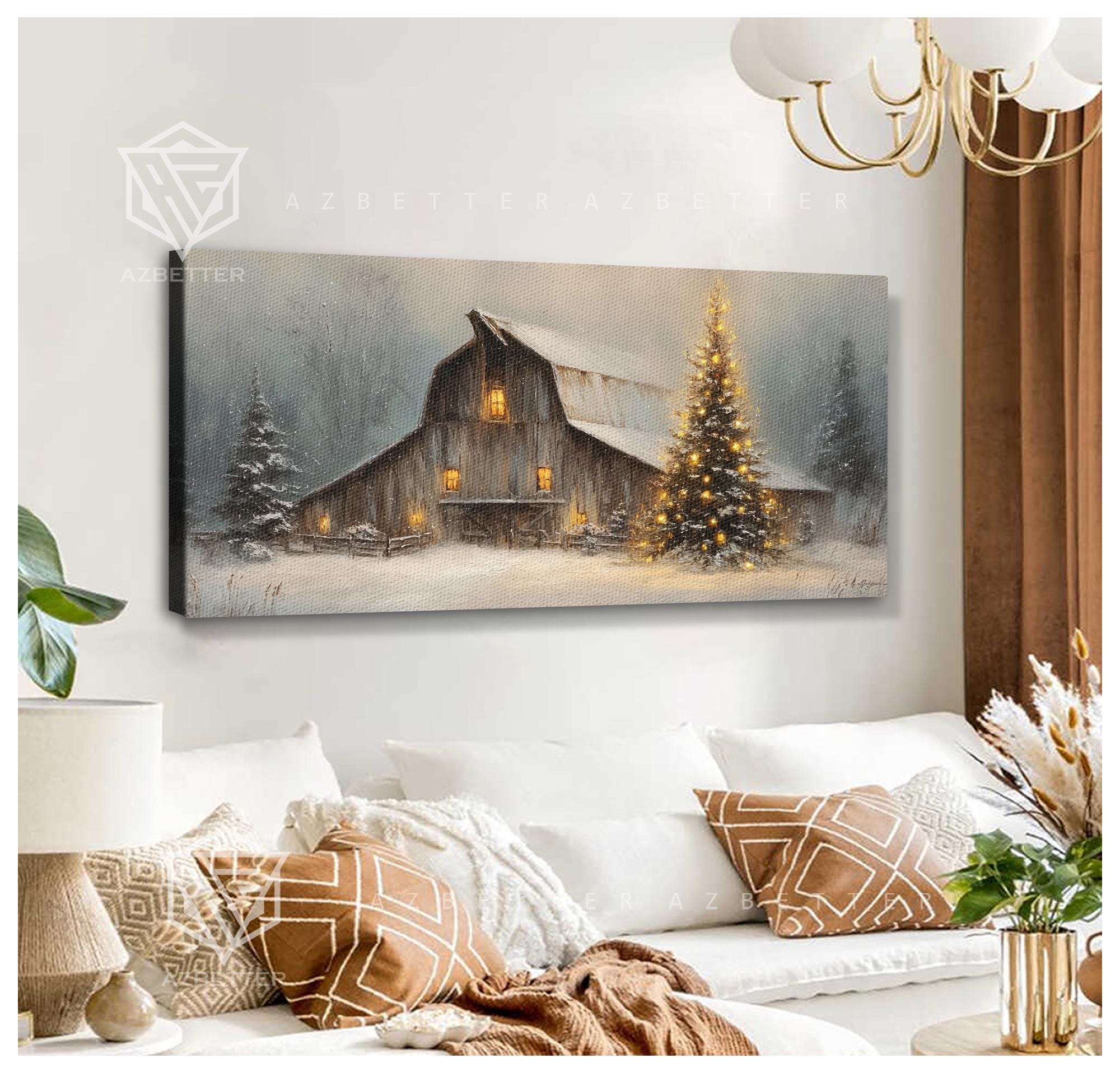 Farmhouse Christmas Wall Art, Snowy Winter Barn Scene Canvas Print ...