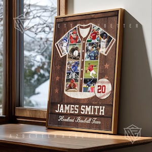 May include: A framed baseball-themed artwork featuring a jersey collage with player photos. A baseball with the number 20 is on the right. The name "JAMES SMITH" and "Headland Baseball Team" are printed at the bottom. The frame has a wood-like texture.