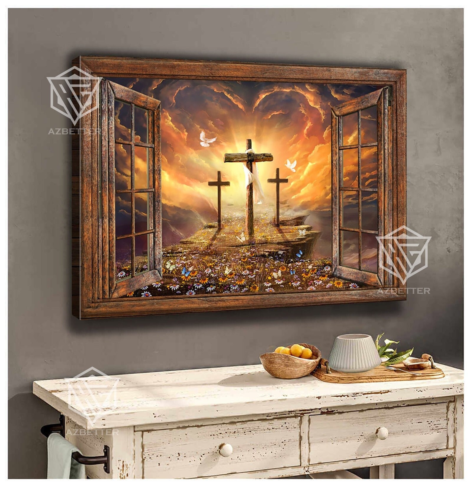 Canvas Window Frame, Path to Heaven, the Three Crosses Art