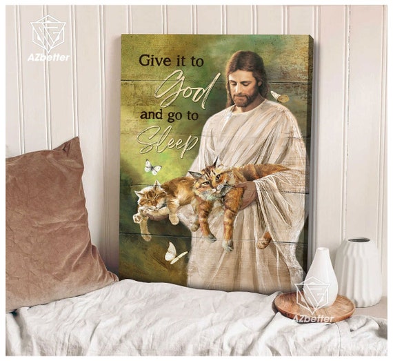 Jesus surrounded by cats Vintage poster, Christian Wall Art for Cat Lovers  Be