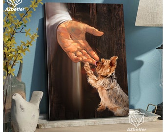 May include: A painting of a dog reaching up to touch a hand, with a wooden background.