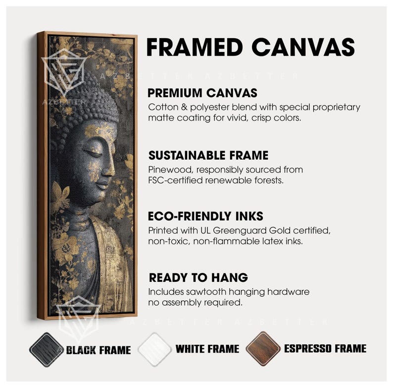 May include: Framed canvas art featuring a serene Buddha image with gold accents. The canvas is framed in a dark wood, with text indicating premium canvas, sustainable frame, eco-friendly inks, and ready-to-hang hardware.