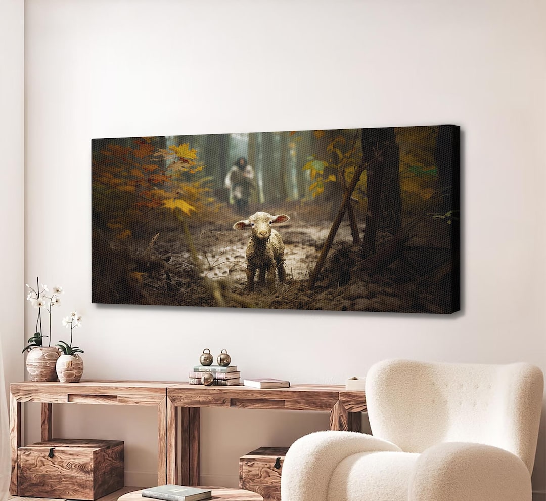 He Leaves the 99 to Rescue Me Canvas Art Jesus Running After Lost Lamb ...