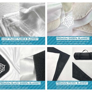 May include: Four different types of blankets are shown. The top left is a white cozy plush fleece blanket. The top right is a white premium sherpa blanket. The bottom left is a white premium black sherpa blanket. The bottom right is a white premium picnic blanket with a black carrying case.