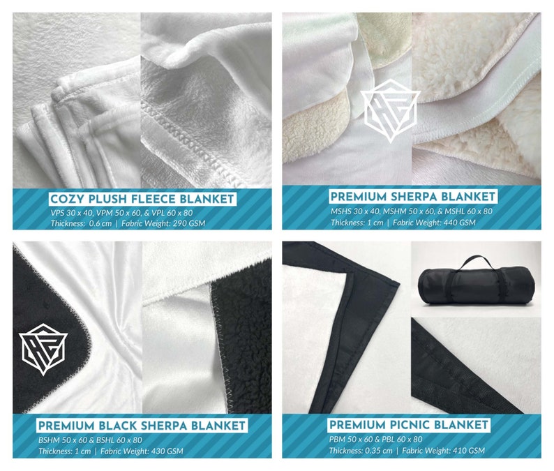 May include: Four different types of blankets are shown. The top left is a white cozy plush fleece blanket. The top right is a white premium sherpa blanket. The bottom left is a white premium black sherpa blanket. The bottom right is a white premium picnic blanket with a black carrying case.