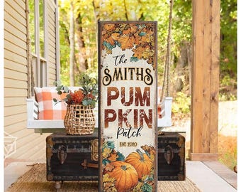 Personalized Pumpkin Patch Porch Sign: Rustic Autumn Family Name Canvas