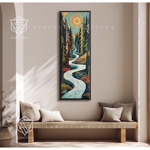 May include: A vertical landscape painting depicts a winding river flowing through a forest. The artwork features a vibrant color palette with blues, greens, and oranges. The sun is visible in the upper portion of the painting. The painting is framed in a dark wooden frame.