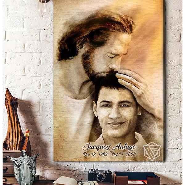 Personalized Canvas Safe In God's Arms, Sympathy Son, Rest In Peace, Loss of Son, Memorial Gift, Heaven Canvas, Deceased Portrait
