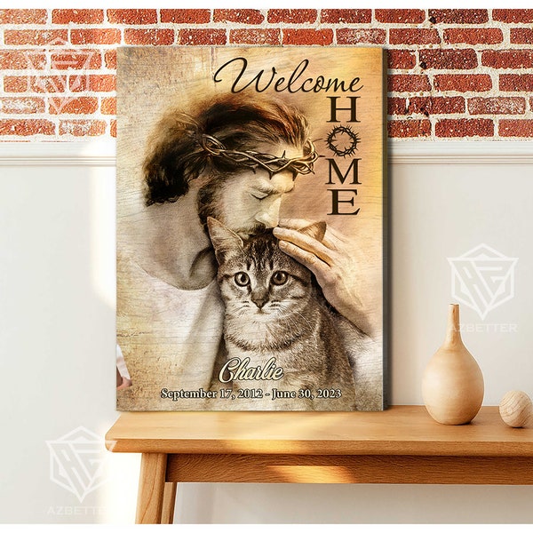 Personalized Welcome Home Canvas - Safe In The Arms Of Jesus, Christian Memorial Wall Art, Cat Loss Sympathy, Rest In Peace, Cat Lover Gift