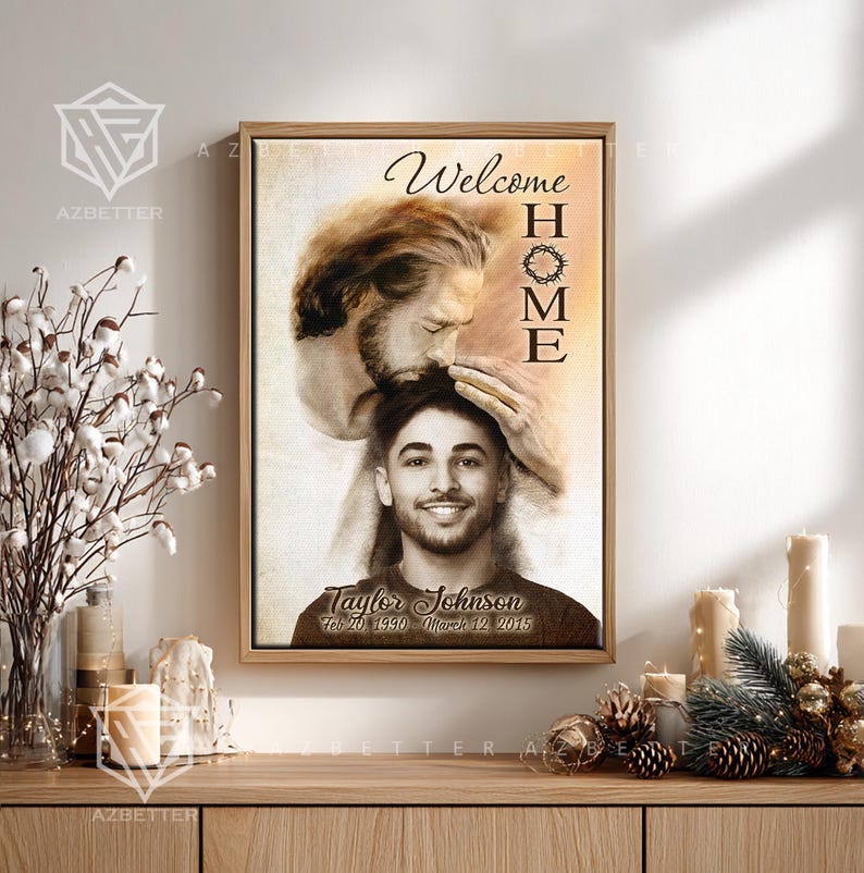 Personalized Canvas Safe In God's Arms Portrait With Jesus, Sympathy Gift Rest In Peace, Loss of Son, Memorial Wall Art, Christmas In Heaven image 2