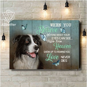 May include: A black and white border collie dog with a blue and green background. The text reads "When you believe beyond what your eyes can see... Signs from Heaven show up to remind you Love never dies".