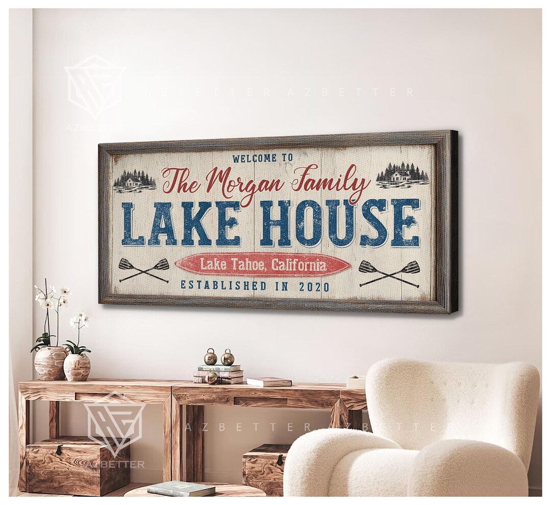 Personalized Lake House Sign, Custom Family Name Welcome Canvas, Rustic ...