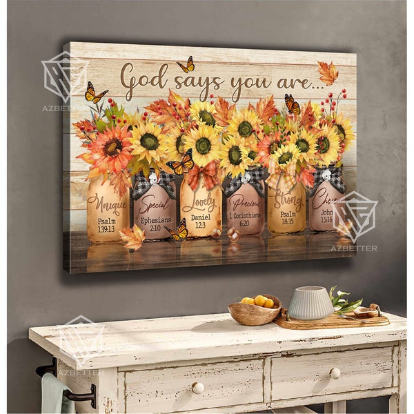 Autumn Canvas Prints, God Says You Are Unique Special, Vintage Sunflower Painting, Thanksgiving Wall Art, Christian Home, Religious Gift