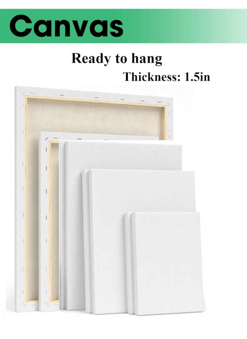 Puede incluir: Cuatro lienzos estirados de diferentes tama&ntilde;os, listos para colgar. Los lienzos son blancos y tienen un marco de madera. El texto "Ready to hang" y "Thickness: 1.5in" es visible en la imagen.