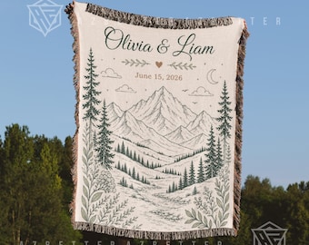 Mountain Couple Woven Blanket Personalized Names Date, Wedding Gift Outdoor Couple, Anniversary Gift, Engagement Hiking Camping Gift Her