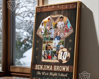 Może przedstawiać: Oprawiony kolaż o tematyce piłkarskiej z motywem koszulki i zdjęciami zawodników. Kolaż zawiera imię i nazwisko "BENJIMA BROWN" oraz "The West Hight School" na tle ciemnego drewna. Piłka nożna z numerem "10" jest również widoczna.