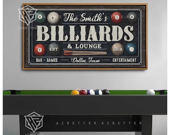 Personalized Billiards and Lounge Sign, Custom Family Name Pool Room Art, Vintage Pool Hall Decor, Man Cave Wall Art, Billiard Player Gift