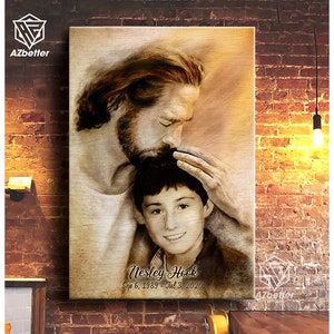 May include: A sepia-toned wood print featuring a painting of a man with a beard and long hair, holding a young boy. The man is looking down at the boy, who is smiling. The text "Nesley Hook Sep 6, 1989 - Jul 3, 2020" is printed below the image.